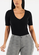 Black Short Sleeve V-Neck Rib Knit Sweater Top