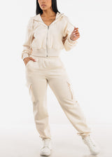 Zip Up Cropped Fleece Hoody Cream
