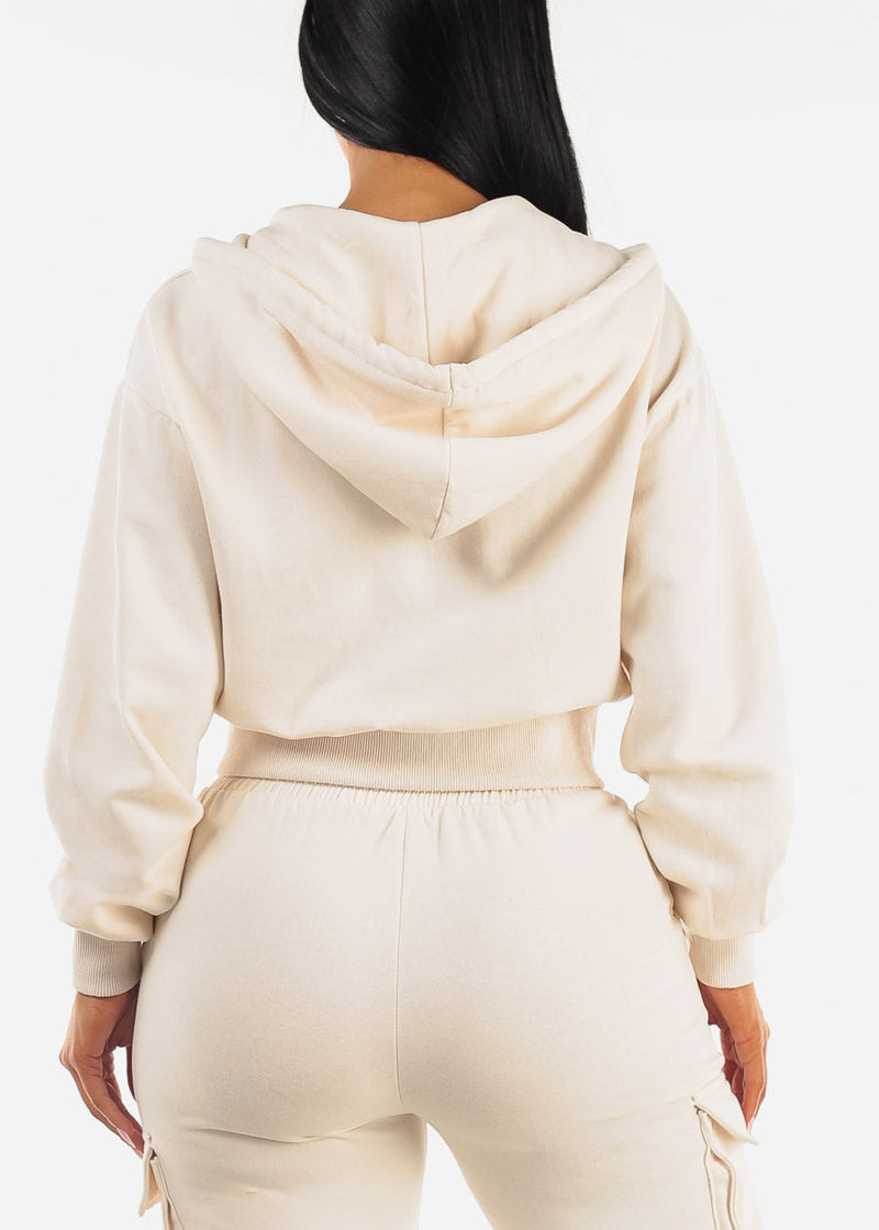 Zip Up Cropped Fleece Hoody Cream