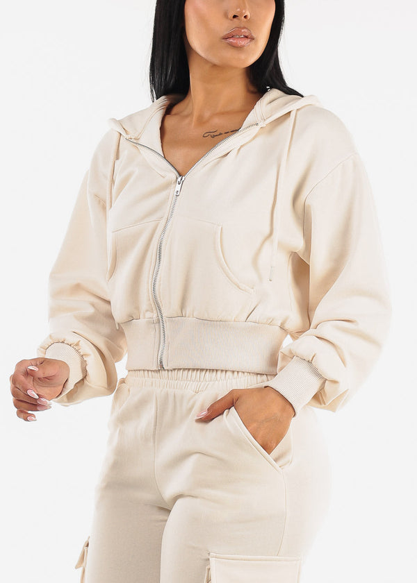Zip Up Cropped Fleece Hoody Cream