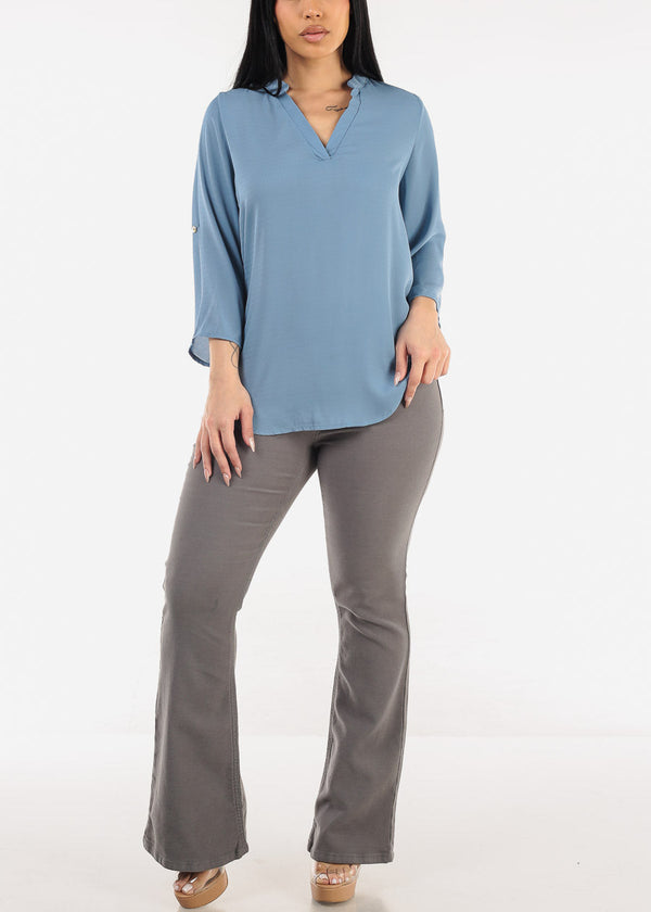 Quarter Sleeve V-Neck Blouse Blue