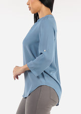 Quarter Sleeve V-Neck Blouse Blue