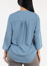 Quarter Sleeve V-Neck Blouse Blue
