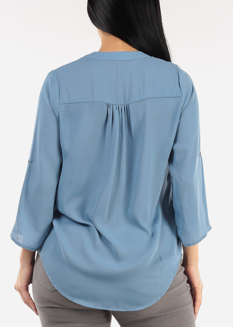 Quarter Sleeve V-Neck Blouse Blue