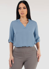 Quarter Sleeve V-Neck Blouse Blue