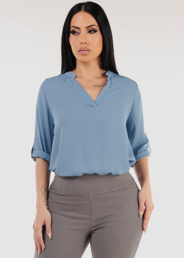 Quarter Sleeve V-Neck Blouse Blue