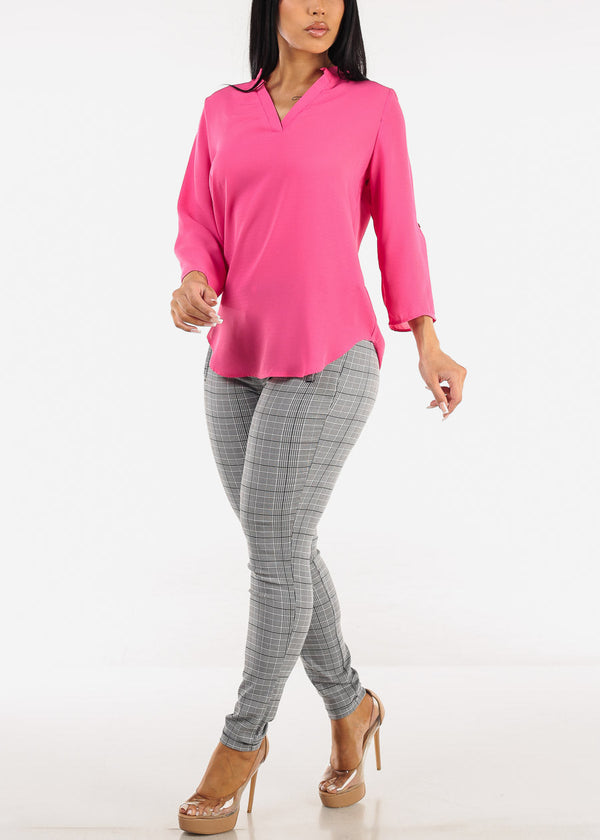 Quarter Sleeve V-Neck Blouse Fuchsia
