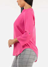 Quarter Sleeve V-Neck Blouse Fuchsia