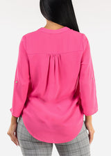 Quarter Sleeve V-Neck Blouse Fuchsia
