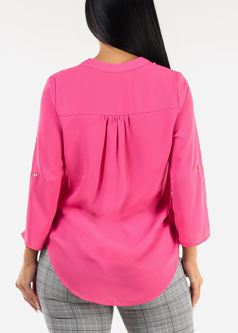 Quarter Sleeve V-Neck Blouse Fuchsia