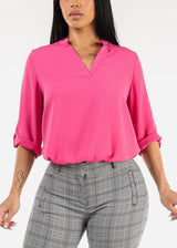 Quarter Sleeve V-Neck Blouse Fuchsia