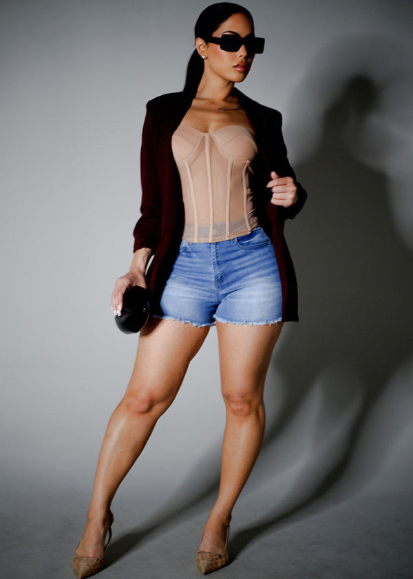 Quarter Sleeve Open Front Blazer Burgundy