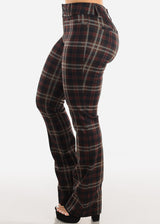 High Waist Plaid Bootcut Stretch Dress Pants Brown
