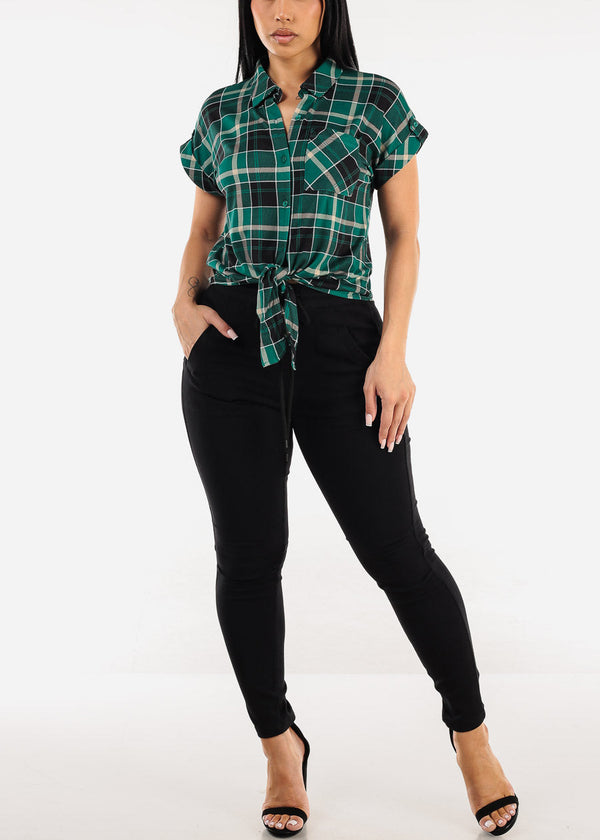 Short Sleeve Button Up Tie Front Plaid Top Green & Black