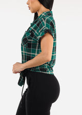 Short Sleeve Button Up Tie Front Plaid Top Green & Black