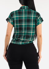 Short Sleeve Button Up Tie Front Plaid Top Green & Black