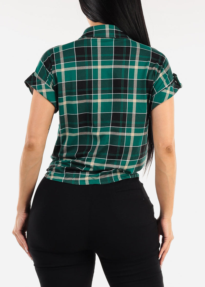 Short Sleeve Button Up Tie Front Plaid Top Green & Black