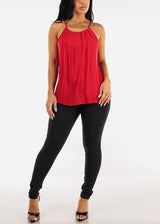 Sleeveless Polka Dot Pleated Blouse Red