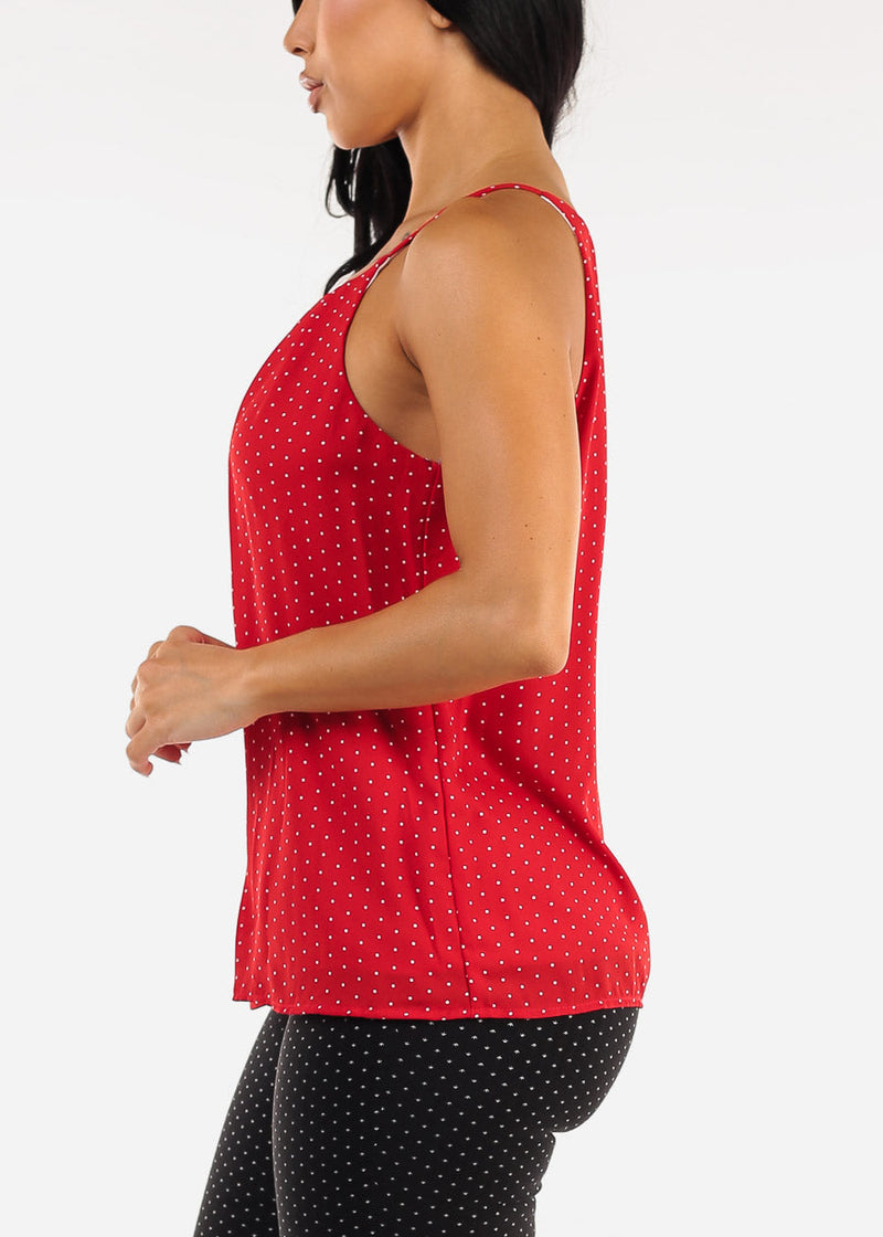 Sleeveless Polka Dot Pleated Blouse Red