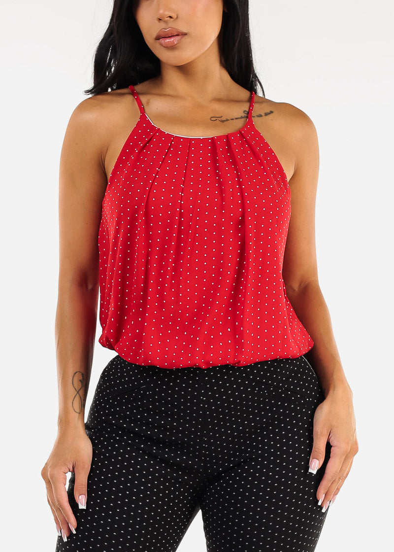 Sleeveless Polka Dot Pleated Blouse Red