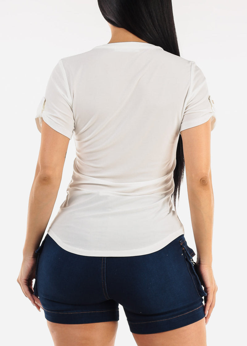 Short Sleeve Half Button Up Blouse Ivory