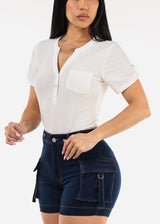 Short Sleeve Half Button Up Blouse Ivory