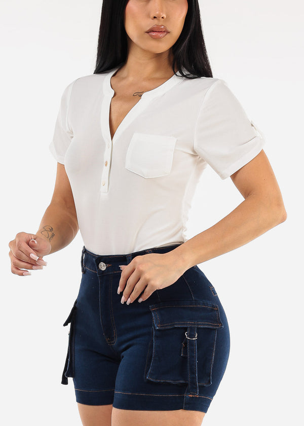 Short Sleeve Half Button Up Blouse Ivory
