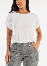 Short Sleeve Round Neckline Stretchy Blouse White