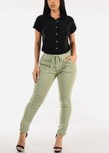 Short Sleeve Button Up Stretch Collared Blouse Black