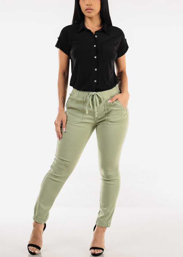 Short Sleeve Button Up Stretch Collared Blouse Black