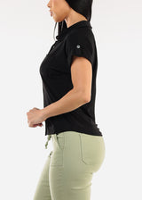 Short Sleeve Button Up Stretch Collared Blouse Black