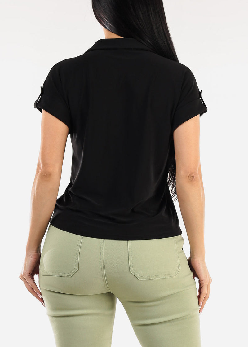 Short Sleeve Button Up Stretch Collared Blouse Black