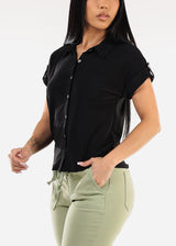 Short Sleeve Button Up Stretch Collared Blouse Black