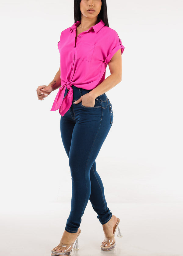 Short Sleeve Button Down Tie Front Blouse Hot Pink