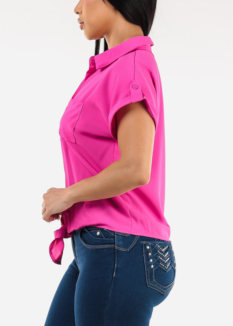 Short Sleeve Button Down Tie Front Blouse Hot Pink