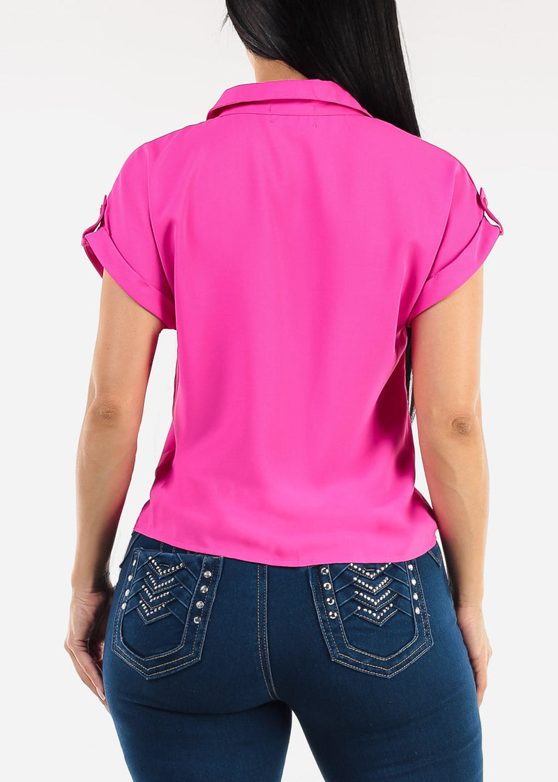 Short Sleeve Button Down Tie Front Blouse Hot Pink