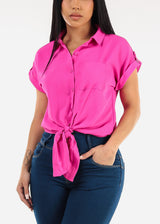 Short Sleeve Button Down Tie Front Blouse Hot Pink