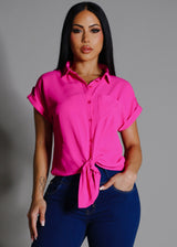 Short Sleeve Button Down Tie Front Blouse Hot Pink