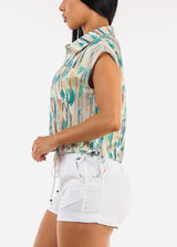 Drawstring Bubble Hem Abstract Button up Shirt Green