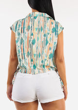 Drawstring Bubble Hem Abstract Button up Shirt Green