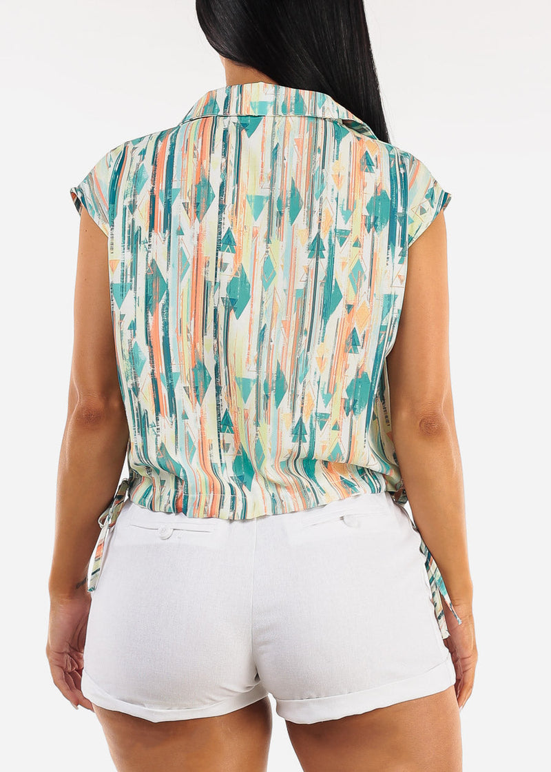 Drawstring Bubble Hem Abstract Button up Shirt Green