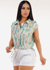 Drawstring Bubble Hem Abstract Button up Shirt Green