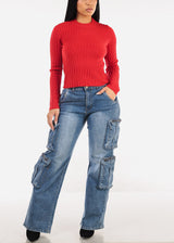 Long Sleeve Crewneck Rib Knit Sweater Red