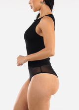 Sleeveless Boat Neckline Mesh Thong Bodysuit Black