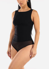 Sleeveless Boat Neckline Mesh Thong Bodysuit Black