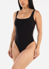 Sleeveless Square Neck Black Thong Bodysuit
