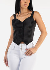 Sleeveless  Button Up Stripe Vest Top Black