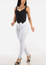 Sleeveless  Button Up Stripe Vest Top Black