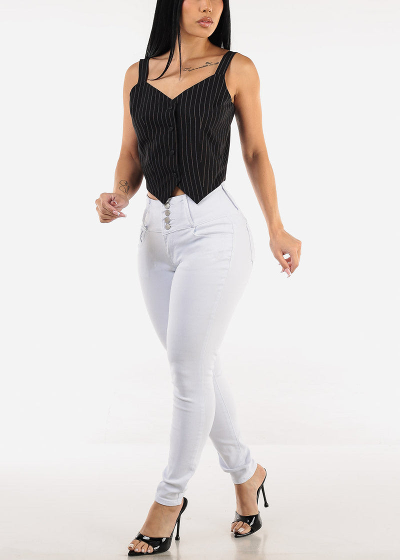 Sleeveless  Button Up Stripe Vest Top Black