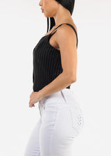 Sleeveless  Button Up Stripe Vest Top Black